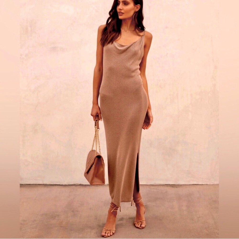 Vici shimmer taupe long dress Drape cowl neckline NEW SALE Re $69 *See matching - Picture 5 of 12